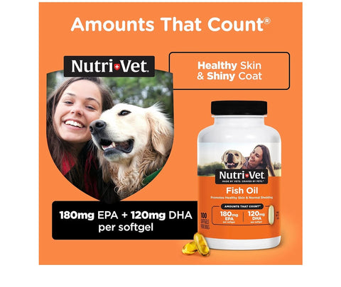 Nutri-Vet Fish Oil Supplement for Dogs, Omega 3, Fish Oil for Dogs, Pet Supplies, Pet Vitamins and Supplements, EPA DHA Formula, Puppy Vitamins, Shed Control, New Puppy Essentials, 100 Count