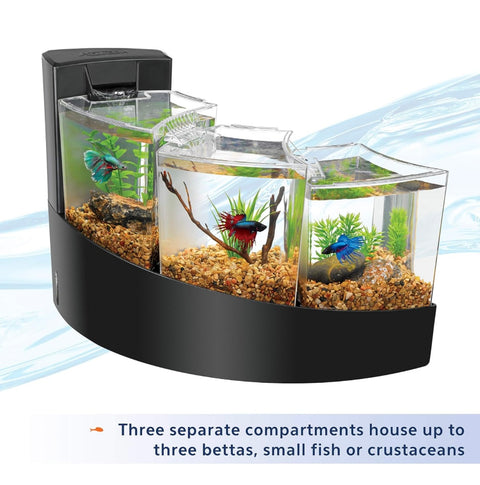 Aqueon Betta Falls 3 Section Aquarium Fish Tank With QuietFlow Power Filtration, Black