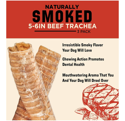 Barkworthies USA Hickory Smoked Beef Trachea - 6 Inch 3 Count (Pack of 1) - Natural Glucosamine and Chondroitin, High Protein, Smoky Aroma