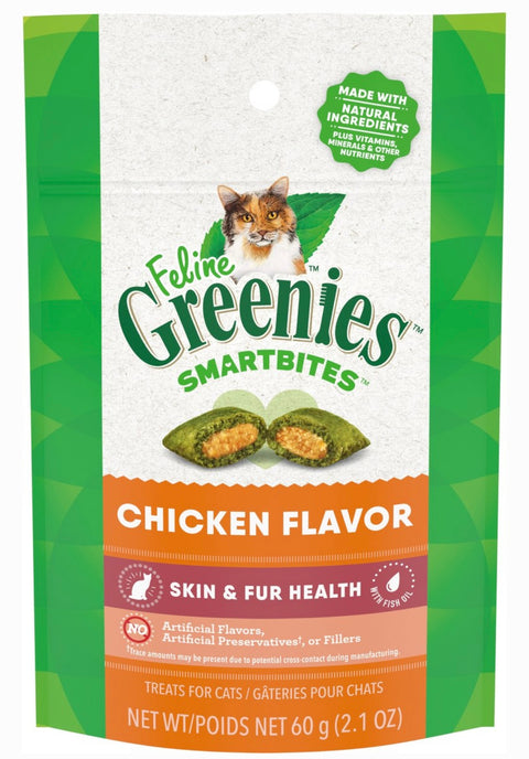 Greenies Feline SmartBites Healthy Skin & Fur Natural Chicken Flavor Soft & Crunchy Adult Cat Treats, 2.1-oz bag
