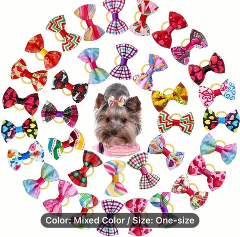 30pcs Mixed Color Pet Hair Bows With Rubber Band, Dog Elastic Headband, Bow Decorative Pet Hair Accessories