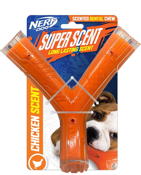 Nerf Dog 8.3in TPR/PP Scented Chicken SuperScent Wishbone Solid Core -Clear/Orange