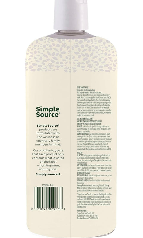 SimpleSource® Flea & Tick Shampoo for Cats, Powered by Plants, Kills Fleas, Flea Eggs, Flea Larvae, Ticks, & Mosquitos, Cleans & Deodorizes, 12oz Bottle