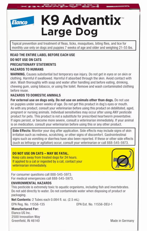 K9 Advantix Flea, Tick & Mosquito Prevention for Large Dogs, 21-55 lbs, 2-Monthly Treatments