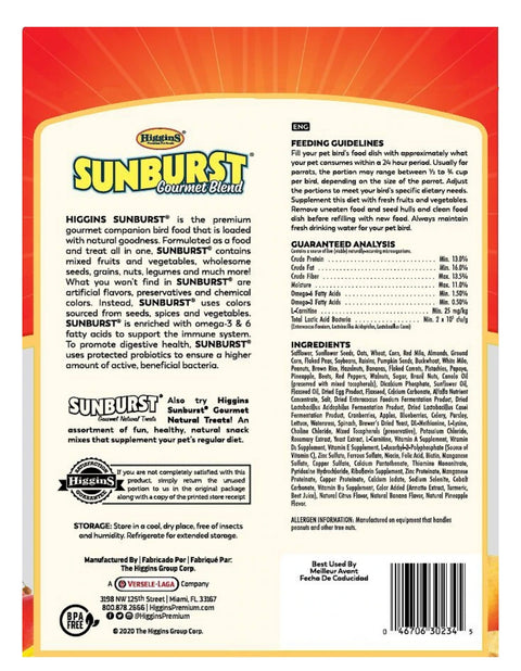 Higgins Sunburst Gourmet Blend Parrot Bird Food 3 lbs