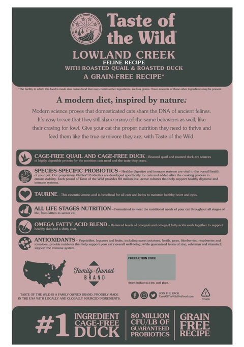 Taste of the Wild Lowland Creek Premium Real Meat Recipe with Roasted Quail & Duck Grain-Free Dry Cat Food 14 lbs