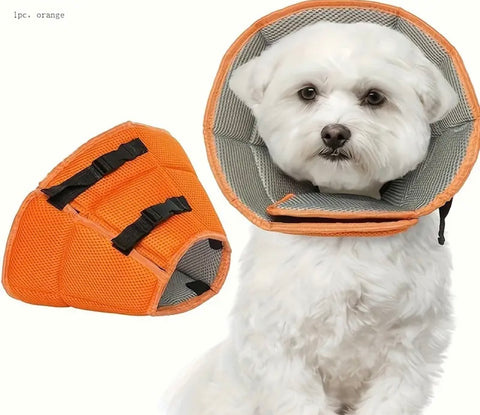 Adjustable Recovery Dog Cone Collar, Breathable Elizabethan Pet Collar for Post-Operative Care, Solid Color Polyester Woven Fabric E-Collar with Buckle Closure, Machine Washable, for All Seasons & All Dog Breeds orange color