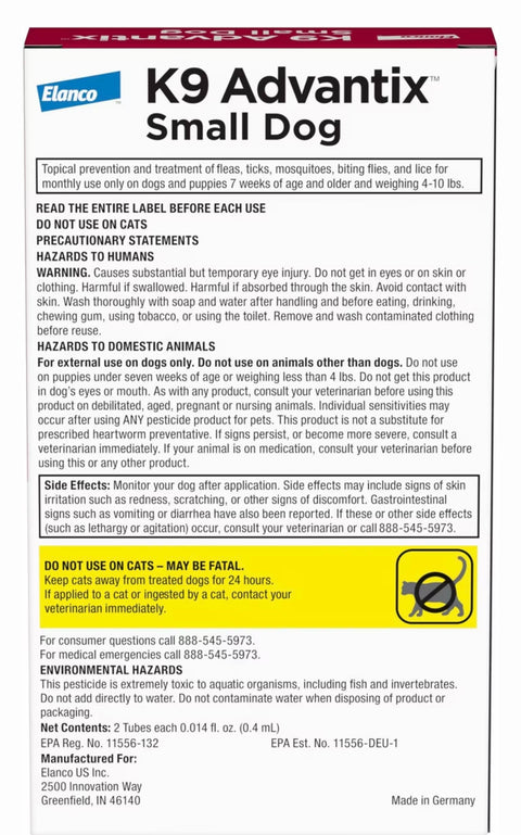K9 Advantix Flea, Tick & Mosquito Prevention for Small Dogs, 4-10 lbs, 2-Monthly Treatments
