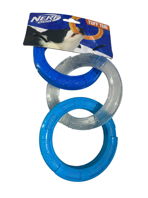 Nerf Dog 10.5in Rubber 3-Ring Tug Dog Toy, Lightweight, Durable and Water Resistant, Single Unit,