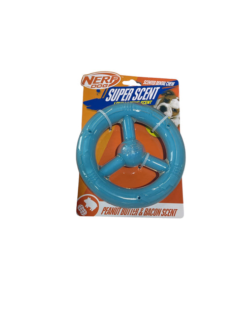 Nerf Dog 6.5in TPR/PP Scented Peanut Butter/Bacon SuperScent Orbit Ring Solid Core -Clear/Light Blue