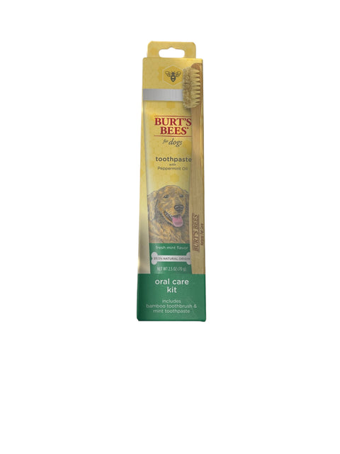 burst bees for dogs toothpaste with pepermint oil and a bamboo toothbrush