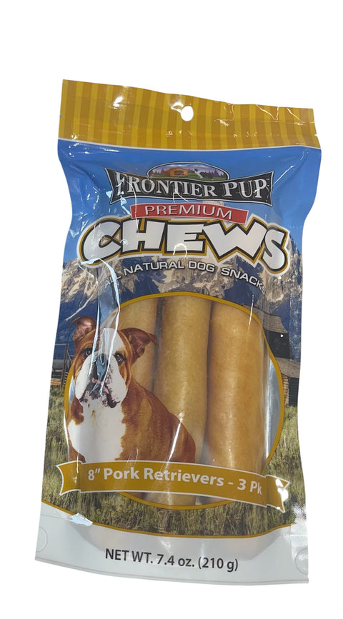 frontier pup chews 3 pack 8” pork retrievers