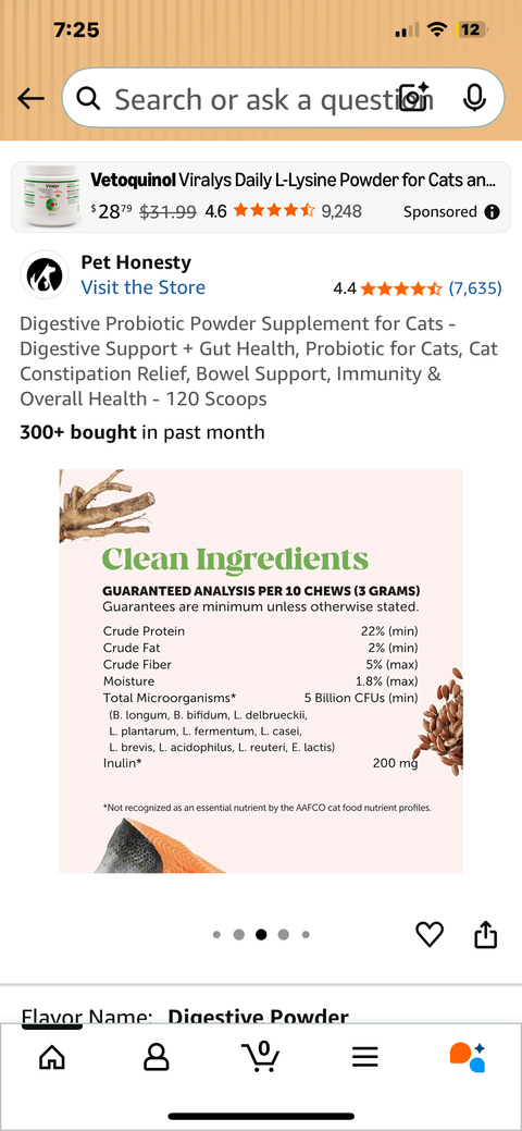 Digestive Probiotic Powder Supplement for Cats - Digestive Support + Gut Health, Probiotic for Cats, Cat Constipation Relief, Bowel Support, Immunity & Overall Health - 120 Scoops