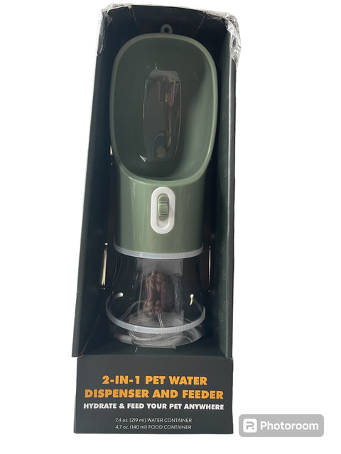 2in 1 per water dispenser and feeder hydrate and feed your pet anywhere water container 7.4 oz food container 4.7oz