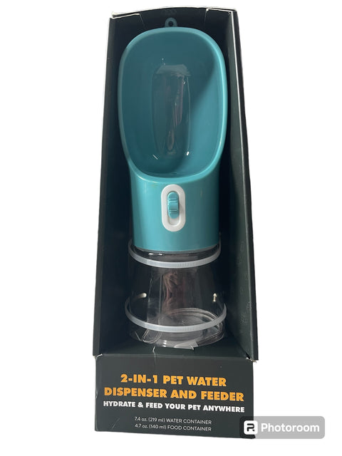 2in 1 per water dispenser and feeder hydrate and feed your pet anywhere water container 7.4 oz food container 4.7oz