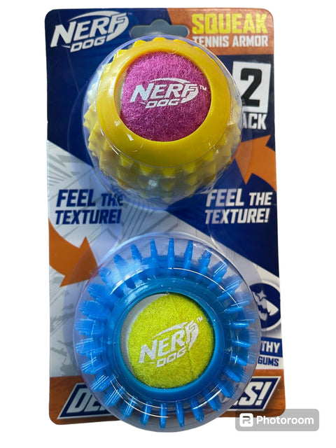 nerf dog dental spikes squeaker tennis armor 2 pack